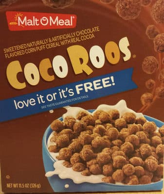 Coco roos sweetened chocolate flavored corn puff cereal with real cocoa, chocolate